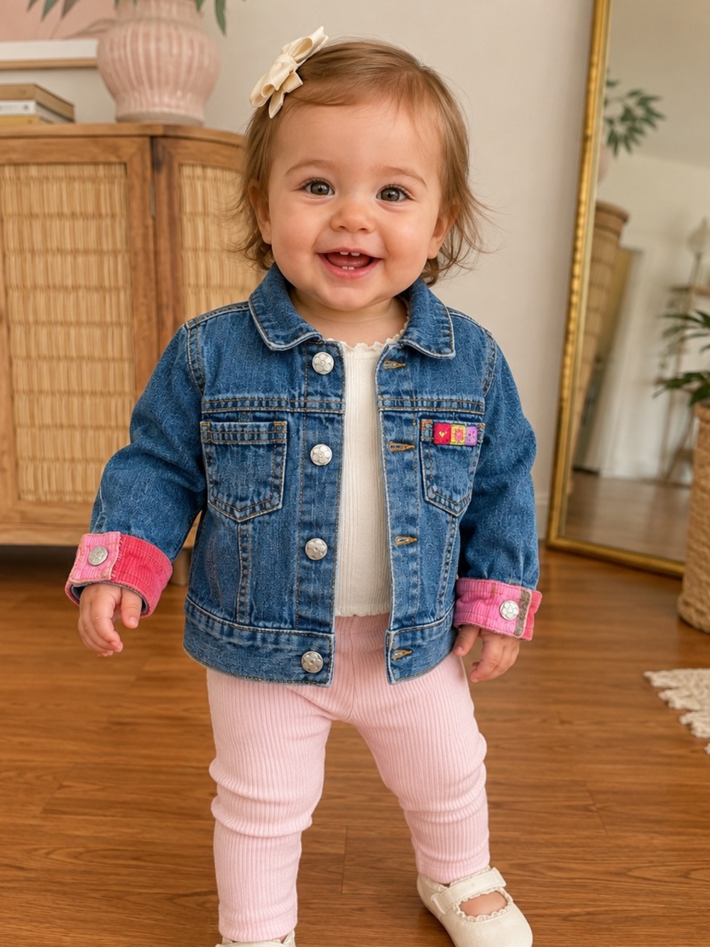 Vintage Carters baby girl 12-18 months toddler y2k denim jacket floral rainbows